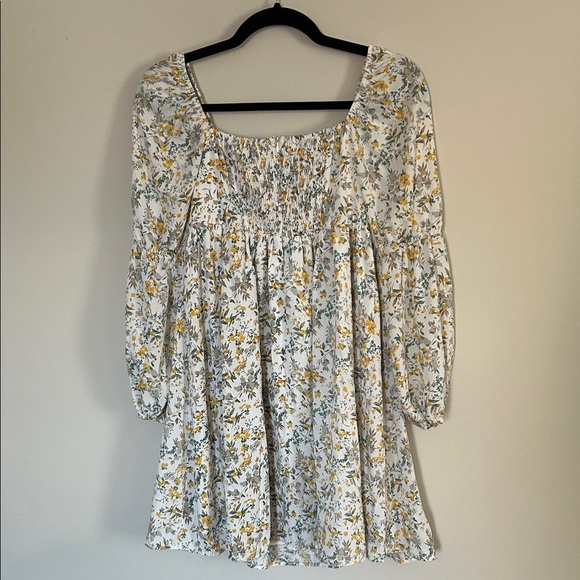 Exlura Floral Long Puff Sleeve Dress in White and Yellow - Picture 3 of 4